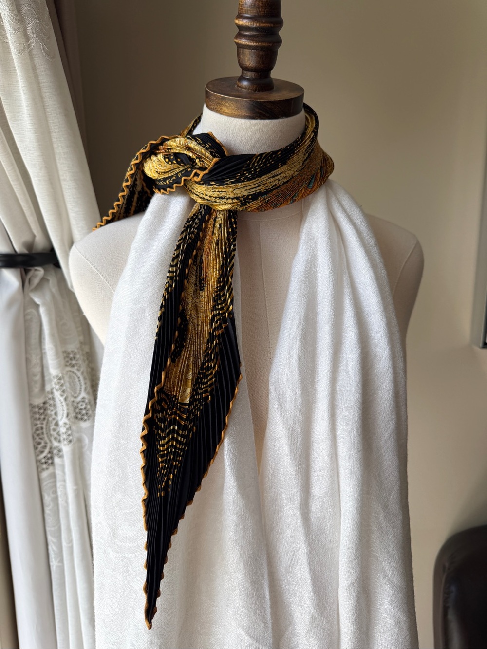 Hermes Black & Gold Twilly Pleated Silk Wrap Scarf